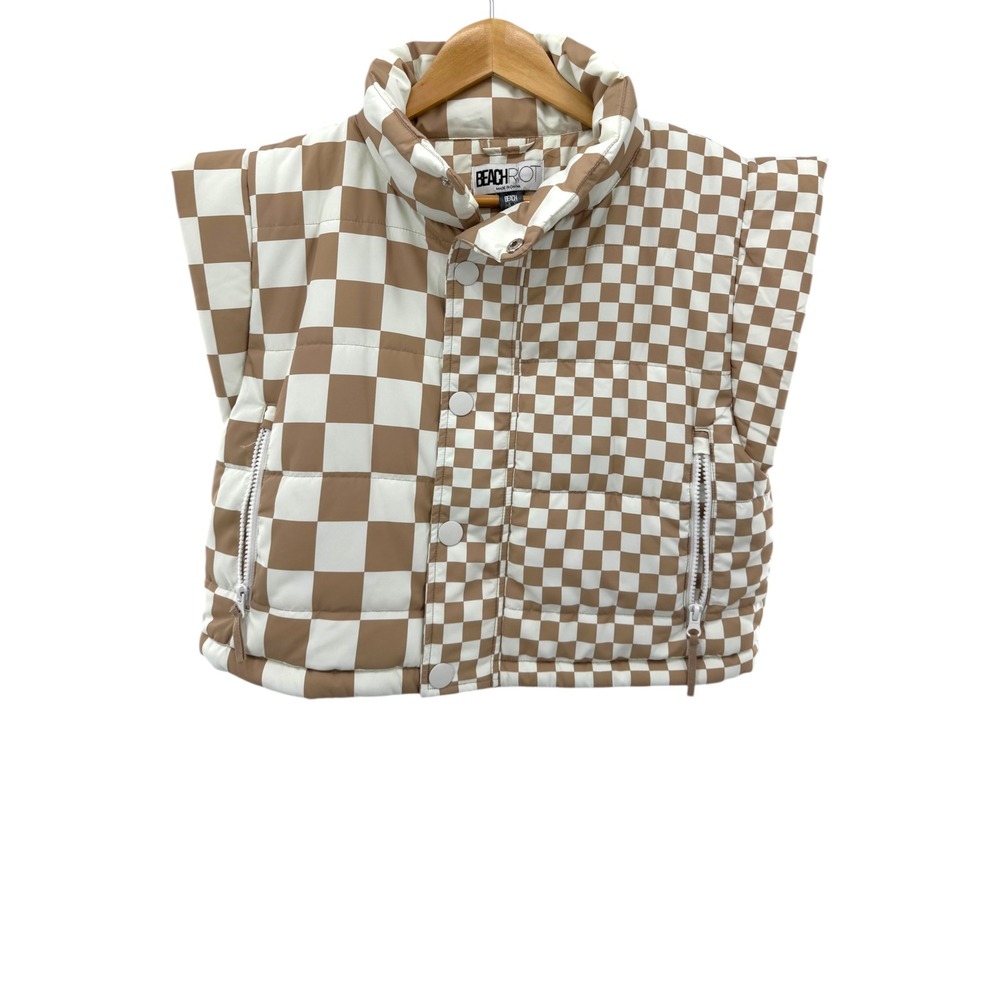 Beach Riot Canyon Puffer Vest Taupe Check Cropped Sleeveless Zip Snap Women's M‎
